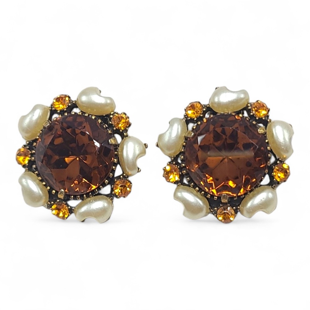 Vintage Baby Tooth Pearl Topaz Rhinestone Earrings Gold Tone Clip On Statement